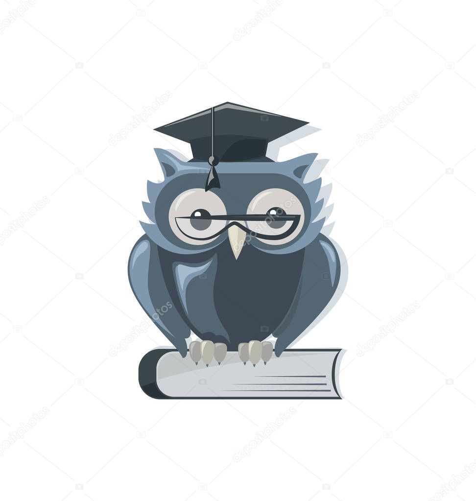 Owl in glasses and a graduate hat on the book. Wise Owl Logo, logotype. Image for use in the design of corporate design of schools, libraries, stationery, planner, organizer.