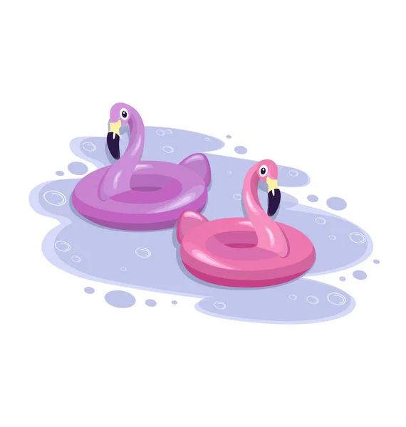 Flamenco rosa. Dos flamencos inflables nadan lindo en el agua . — Vector de stock