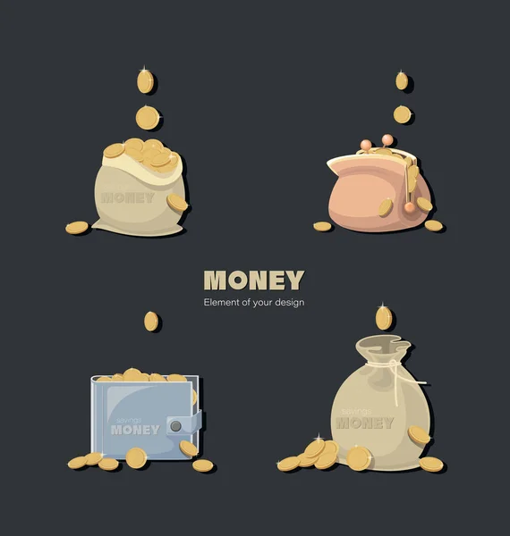 За деньги. Доллары. Деньги в сумках, сумочке, бумажнике. Набор иконок . — стоковый вектор