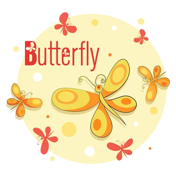 Des papillons volent. Silhouette vectorielle papillon isolé sur un cercle ensoleillé avec l'inscription. Emblème, autocollant . — Image vectorielle