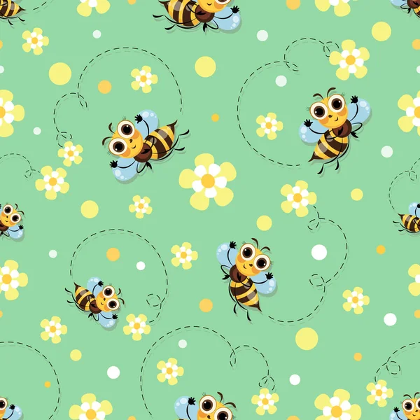 蜂の牧草地。蜂の群れ、ミツバチの花の牧草地で飛ぶ。かわいい漫画のキャラクター。シームレスなパターン. — ストックベクタ