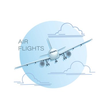 Uçak modeli. Amblem, logo. Bir uçağın düz çizimi, bulutlarda uçan bir uçağın görüntüsü. 