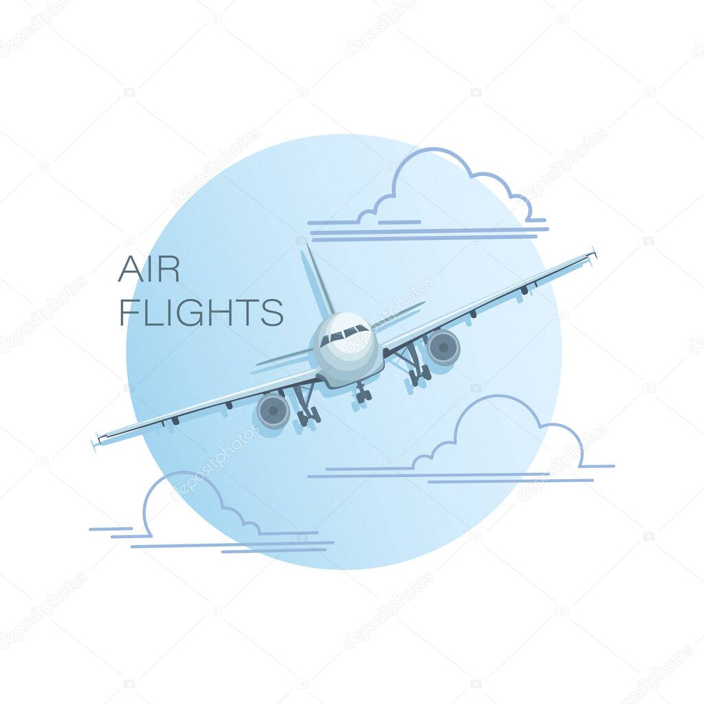 Airplane model. Emblem, logo. Vector flat illustration of an airplane, view of an airplane flying in the clouds 