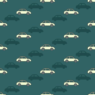 Araba modeli. Siluetli, stilize edilmiş arabaların vektör yeşil arka planı. Çengelli. Tekstil için tasarım. 