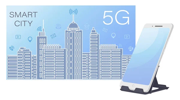 CIDADE SUPERIOR. Rede sem fio 5G e conceito de cidade inteligente. Céu e arranha-céus de uma metrópole moderna — Vetor de Stock