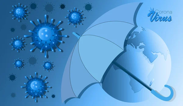 Planète Terre. Protection de la planète. Protection antivirus. Fond vectoriel avec parapluie de coronavirus attaque. — Image vectorielle