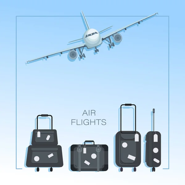 Viaje aéreo. Avión, equipaje. Cartel, fondo con lugar para texto. Concepto de estilo plano — Vector de stock
