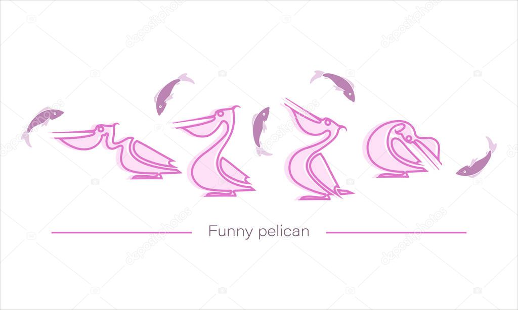Funny pelican silhouette. Vector isolated character. Pink bird is fishing.