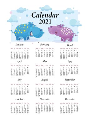 Hippopotam takvimi. Şablon 2021. Vektör çizgi film karakteri. Gökyüzünün arka planında sevimli bir su aygırı 