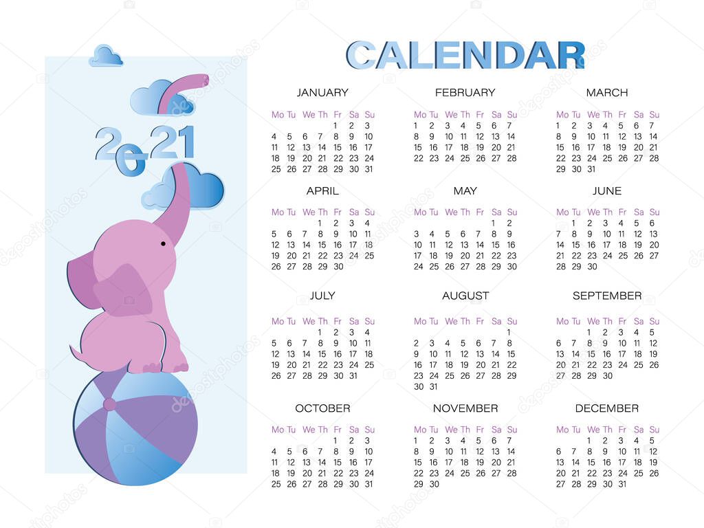 Baby Elephant Calendar 2021 Vector Cartoon Character Cute Elephant On A Background Of The Sky With Clouds Design For Weekly Notebook Vector Illustration Vector Illustration Premium Vector In Adobe Illustrator Ai 2021 elephant calendar