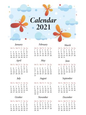 Kelebek takvimi. Şablon 2021. Planlayan çocuklar için vektör çizgi film karakteri. 