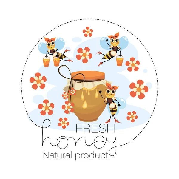 ¿Cariño? Familia de abejas. Abejas enjambre. Etiqueta de miel vectorial, emblema. Divertidos personajes de dibujos animados para cartel — Vector de stock