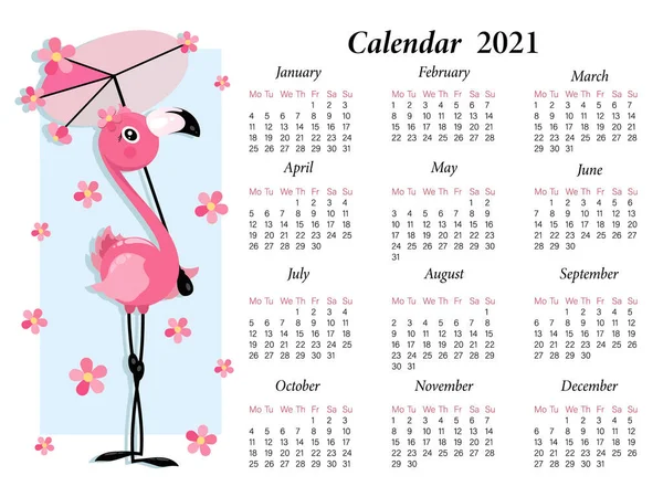 Kalendarz flamingów. Kalendarz wektorowych dzieci 2021. Postać z kreskówki. Cute little flamingo z parasolem — Wektor stockowy