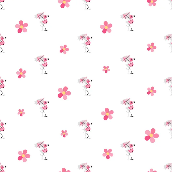 Flamingo kind. Vector baby naadloos patroon. Leuke kleine flamingo met een paraplu — Stockvector