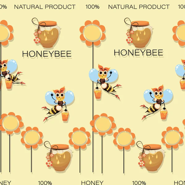Медовый фон Медовые пчелы. Рой пчел собирает мед. Бесшовный рисунок с персонажами мультфильмов — стоковый вектор