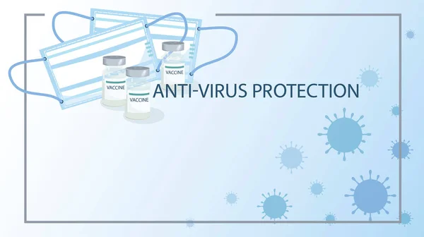 Masques médicaux, vaccin antivirus. PROTECTION ANTIVIRIQUE. Bouteilles médicales, masques isolés. — Image vectorielle