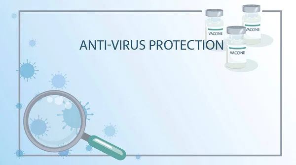 Flacons médicaux vaccin, loupe, silhouette virale. PROTECTION ANTIVIRIQUE. Affiche. — Image vectorielle