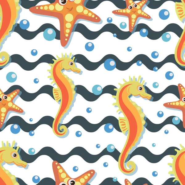 Cheval de mer, dessin animé d'étoiles de mer. Modèle vectoriel avec silhouette hippocampe et bulles d'air. — Image vectorielle