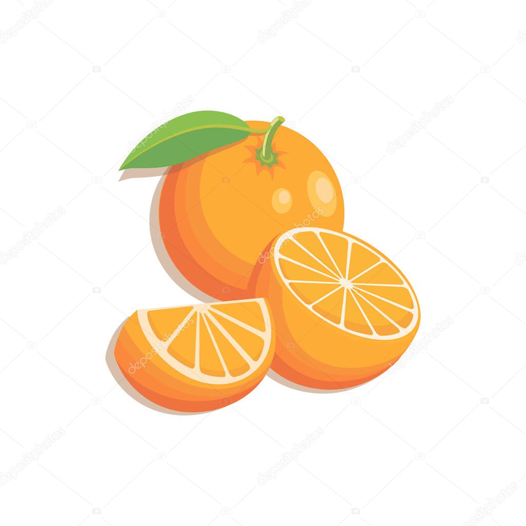 Orange fruit. Vector slices oranges that are segmented. Citrus illustration with leaves isolated 