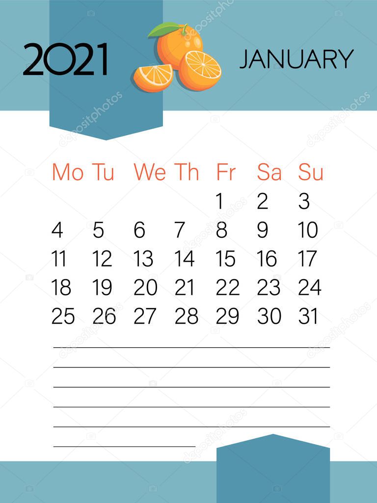 January 2021 Calendar Template Orange Fruit Page Planner Diary In A Minimalist Style Corporate And Business Calendar In Minimal Table Week Starts Monday Vector Illustration Vector Illustration Premium Vector In Adobe january 2021 business calendar