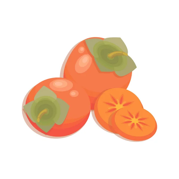 Caqui jugoso. Vector de frutas, rebanadas y enteros de jugoso caqui. Caqui fresco brillante — Vector de stock