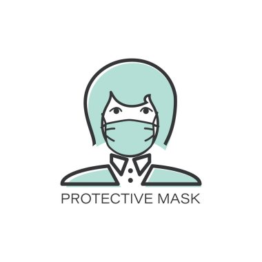 Tıbbi maskeye bak. Grip maskesi çizgisi simgesi. Maskeli kız. Prodüktif kütle. Koronavirüsten korunma.
