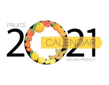 Meyve takvimi 2021. Büyük rakamlar, tropikal meyveler. Vektör illüstrasyonu izole edildi. Planlayıcı günlüğü 