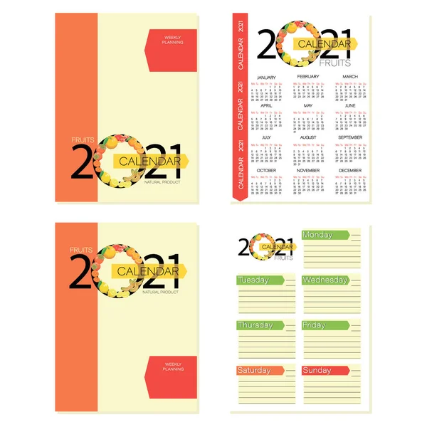 Fruit calendar 2021. Planning. Set. Cover design for weekly planning, calendar,organizer — Stock Vector