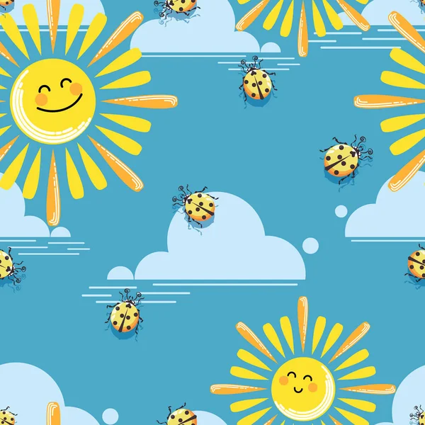 Soles divertidos. Patrón. Fondo de bebé vectorial. Sol, nubes y mariquitas amarillas sobre fondo azul del cielo — Vector de stock