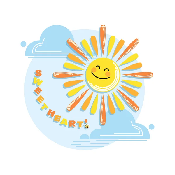 Cartoon-Sonne. SWETHEART in Verbindung setzen. Baby-Emblem. Sonne und Wolken vor blauem Himmel. Design für Babykleidung — Stockvektor