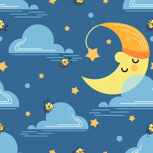 Kreslený měsíc. Dětské vektorové pozadí. Měsíc, beruška a mrak na pozadí modré oblohy. — Stockový vektor