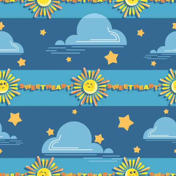 Sonnen. Himmel. Schatz. Vektor Baby Hintergrund. Cartoon Sonne und Sternchen auf blauem Himmel Hintergrund. — Stockvektor