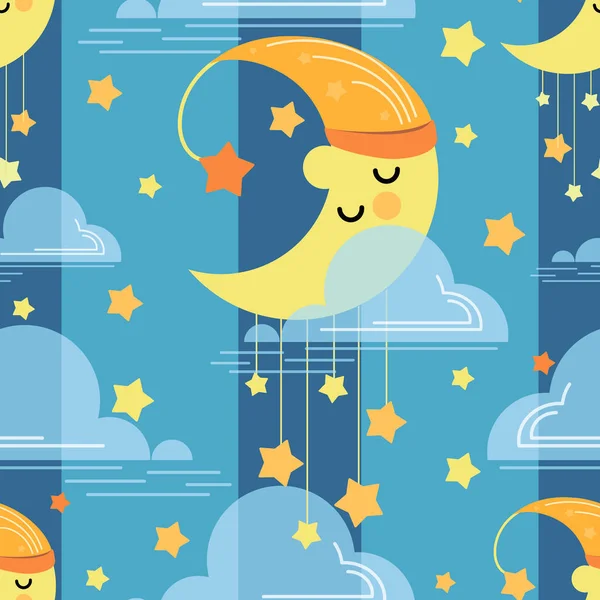 Un mes de sueño. Fondo del vector del bebé. Luna, asteriscos y nubes sobre fondo azul del cielo. — Vector de stock