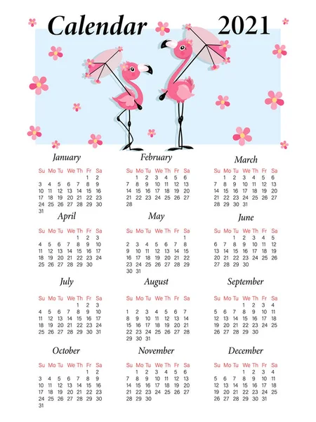 Flaminga. Kalendarz. Kalendarz wektorowych dzieci 2021. Postać z kreskówki. Słodki mały flaming i parasol — Wektor stockowy
