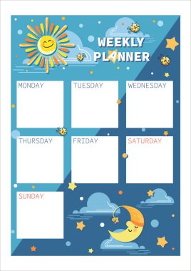 Haftalık, günlük planlamacı. Uzay şablonu. Çocuk planlama, düzenleyici ve dizüstü bilgisayar için tasarım.