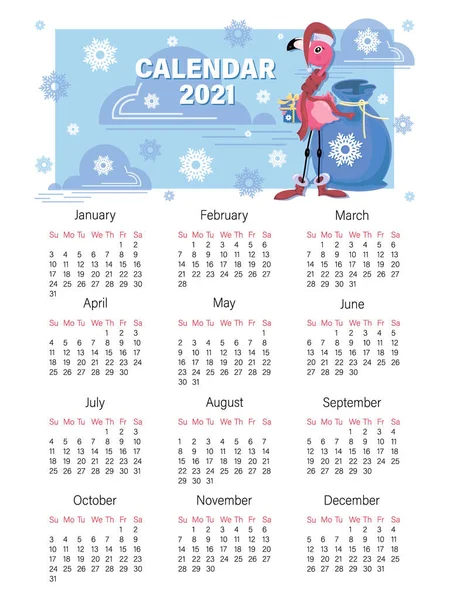 Święty Mikołaj Flaminga. Kalendarz 2021. Kalendarz wektorowych dzieci. Tydzień zaczyna się w niedzielę. Kreskówka trochę flaminga z prezentami — Wektor stockowy