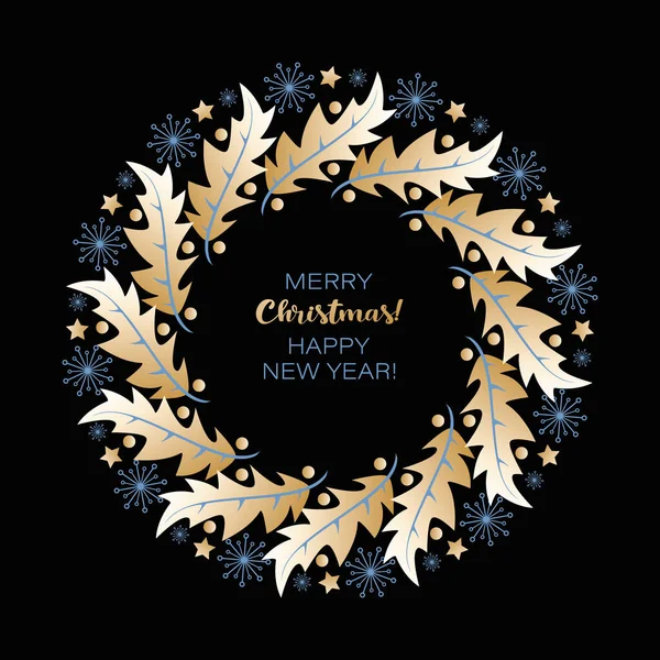 Une couronne de Noël. Carte de vœux vectorielle. Feuilles et baies de houx, étoiles et flocons de neige — Image vectorielle
