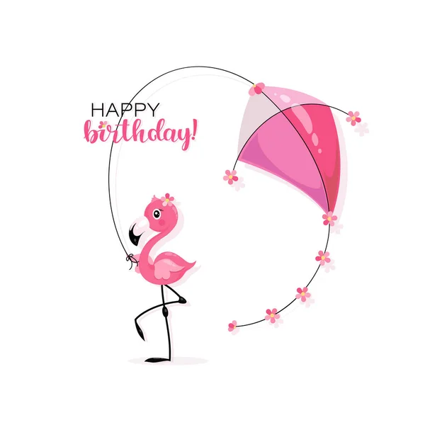 Pink little flamingo. Air Kite. Happy Birthday. Lettering. Greeting card. Makar Sankranti festival. — Stock Vector
