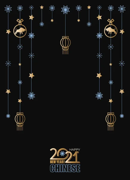 Een feestelijke slinger. Chinees Nieuwjaar 2021. Vector concept banner, wenskaart. Gouden stier — Stockvector