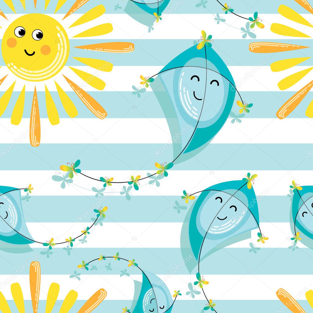 Cartoon sun, kite. Childrens background, pattern. Flat style.Funny characters on striped background.