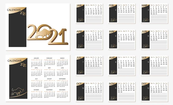 Rok 2021. Kalendarz. Gotowe. Pieprzenie. Chiński Nowy Rok. Kalendarz wektorowy, pamiętnik planisty. Sylwetka złotego byka w 2021 r.. — Wektor stockowy