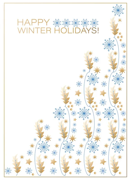 Téli képeslap. Boldog téli ünnepeket! Holly levelek és bogyók, csillagok és hópelyhek egy fehér — Stock Vector