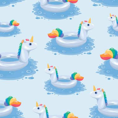 Tek boynuzlu at. Şişme daire. Vektör arkaplanı. Beyaz Tek Boynuzlu At yüzüyor. Havuz. Beyaz hayvan. 