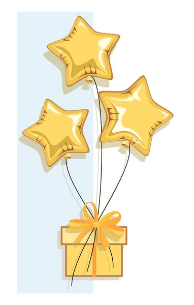 Παρών. Μπαλόνια με χρυσά αστέρια. Πτώση κουτί δώρου. Ευχετήρια κάρτα. Γιορτή πάρτι. Γιορτάζουμε τα γενέθλια — Διανυσματικό Αρχείο
