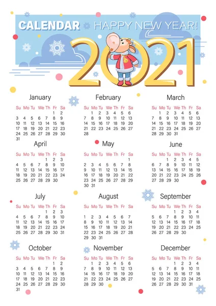 Календарь 2021 Теленок, бык. Китайский Новый Год. Векторный календарь, дневник планировщика. Маленький теленок, одетый как Санта Клаус. — стоковый вектор