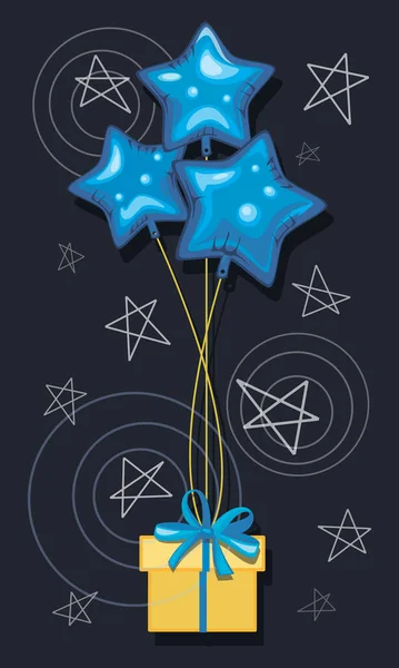 Κουτί δώρων. Λαμπερά μπλε αστέρια μπαλόνια. Ιπτάμενη έκπληξη. Ευχετήρια κάρτα. Γιορτή πάρτι. Γιορτάζοντας — Διανυσματικό Αρχείο
