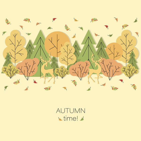 Forest. Deer. Autumn time. Vector background, poster with autumn landscape, red deer 