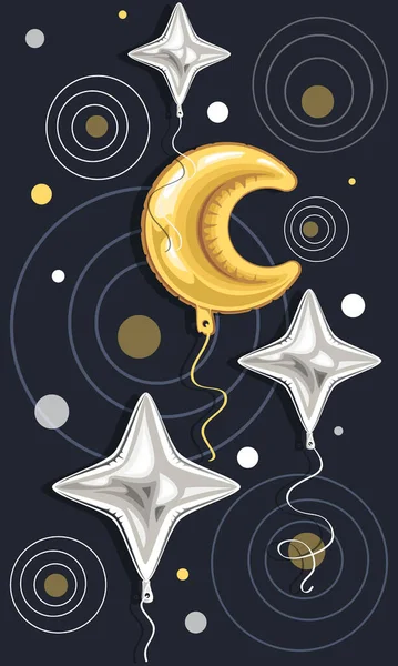 Sky Month, globo. Fondo vectorial con globos de gel brillante estrellas cuadrangulares en el cielo. — Vector de stock