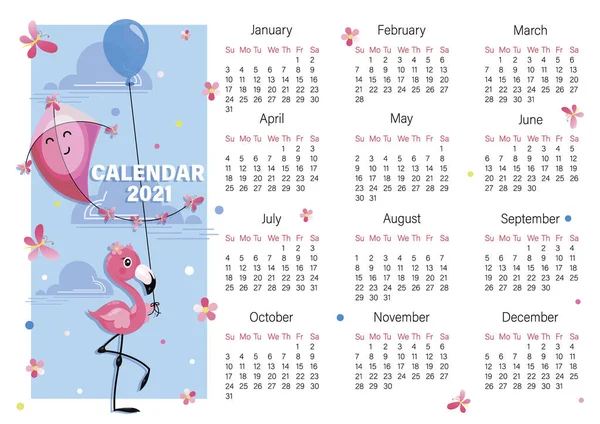 Różowe flamingi. Latawiec. Kalendarz 2021. Kalendarz wektorowych dzieci. Tydzień zaczyna się w niedzielę. Latawiec kreskówkowy — Wektor stockowy