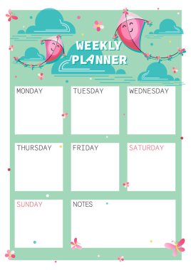 Haftalık planlama. Pembe uçurtma. Notlar. Sayfa. Vektör çizimi. Gökyüzünde kırmızı uçurtma. Çocuk planlama, organizatör ve defter için şablon tasarımı. Makar Sankranti festivali. Vektör çocuk illüstrasyonu.